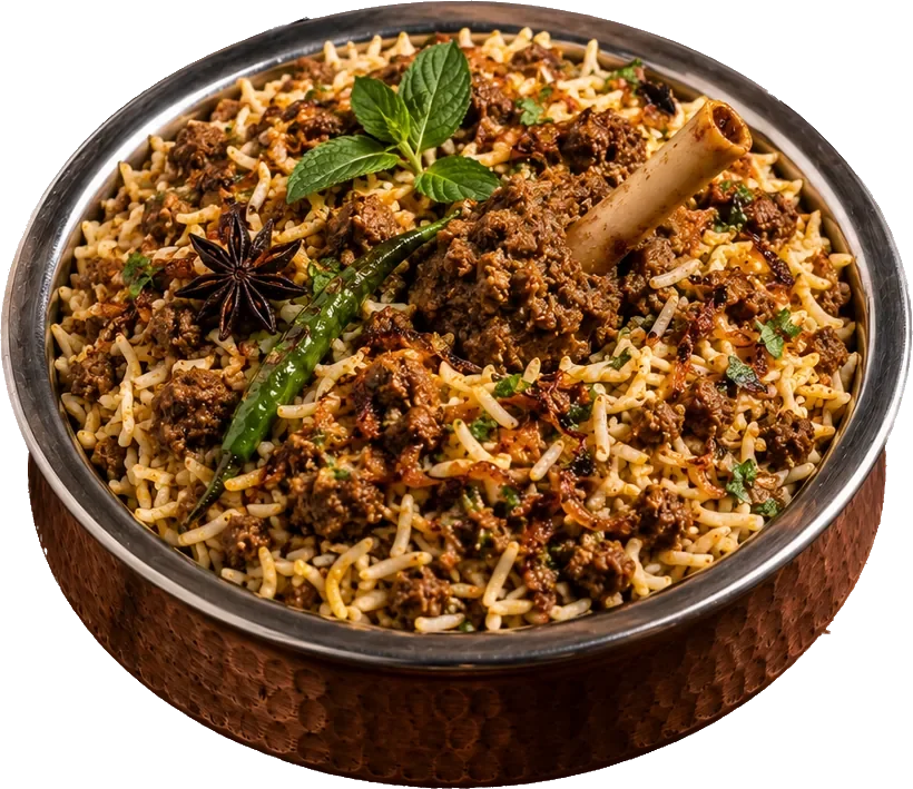 Somaa special biryani in a copper bowl